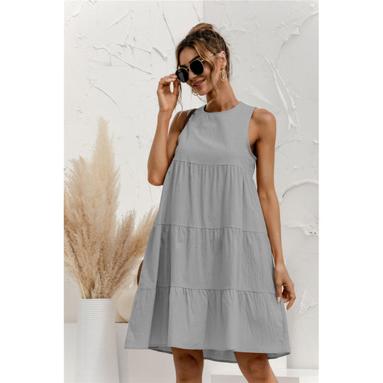 Women's Sundress with High-Waist Silhouette and Ruched Hem