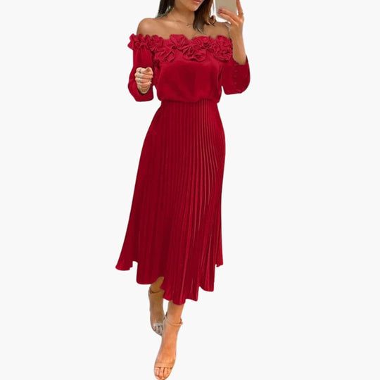 Women's Maxi Dress with Off-Shoulder Neckline and Floral Detail