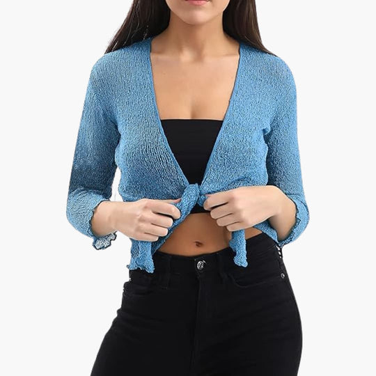 Women’s Cropped Tie-Up Shrug with Three-Quarter Sleeves and Sheer Knit
