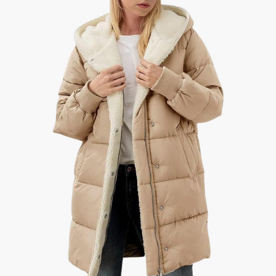 Women’s Hooded Puffer Coat with Fleece Lining and Slim Fit