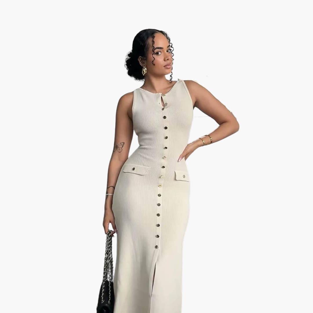Women's Maxi Dress with Button-Front Fastening and Ribbed Texture