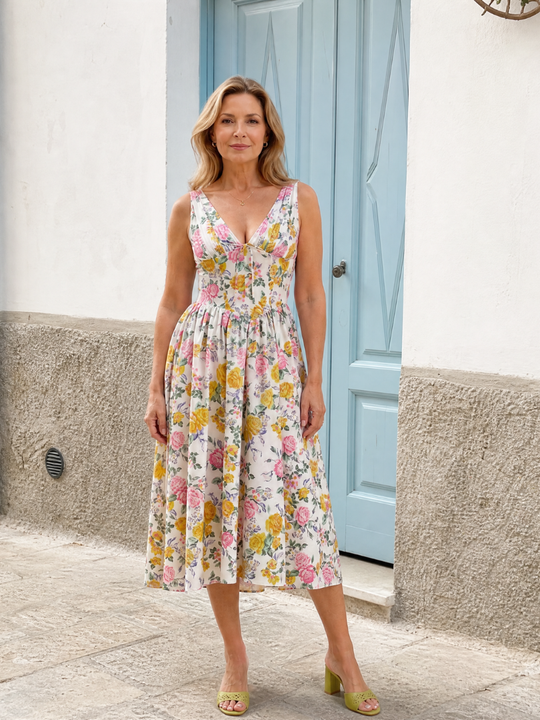 Elique | Sleeveless Floral V Neck Midi Dress