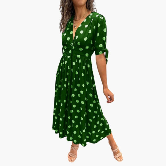 Women's Midi Dress with V-Neck and Belted Waist