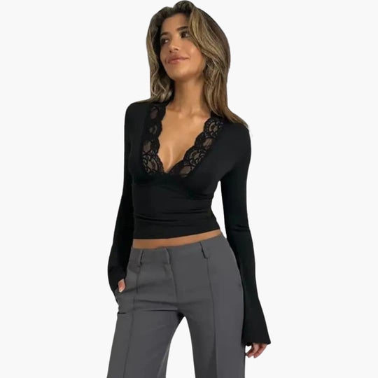 Women's Lace Flare Top with V-Neckline and Semi-Cropped Hem