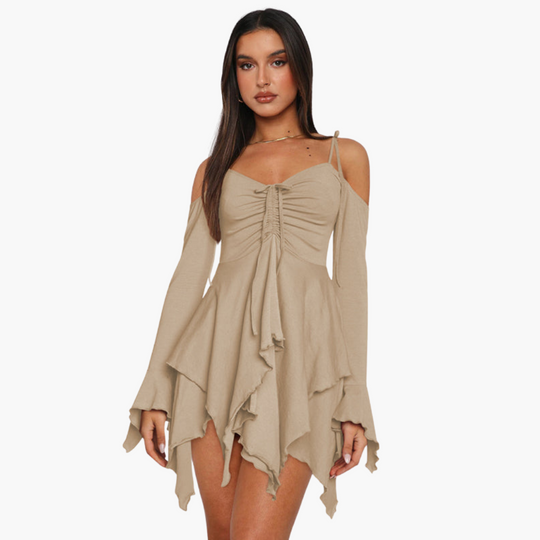 Women’s Mini Dress with Off-the-Shoulder Neckline and Layered Design