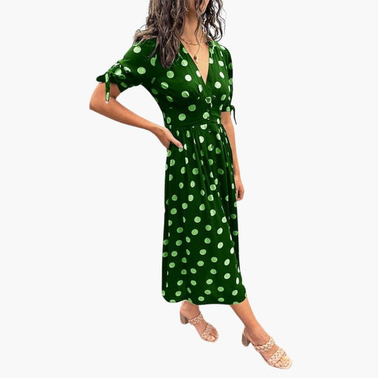 Women's Midi Dress with V-Neck and Belted Waist