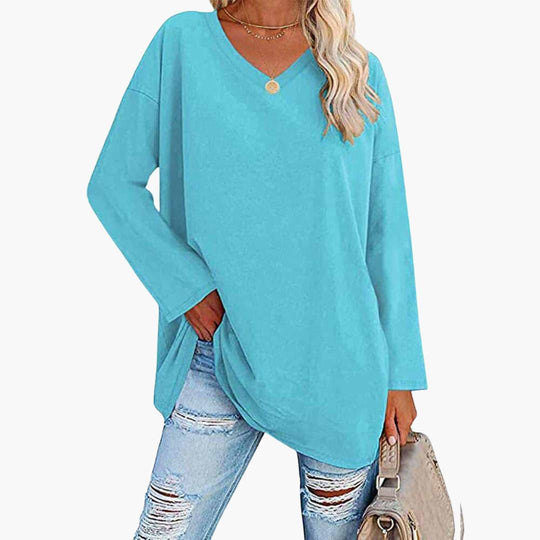 Women's V-Neck Blouse with Long Sleeves and Relaxed Fit