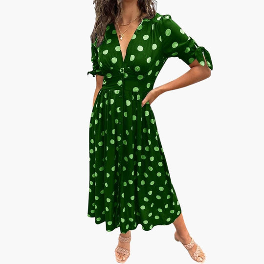 Women's Midi Dress with V-Neck and Belted Waist