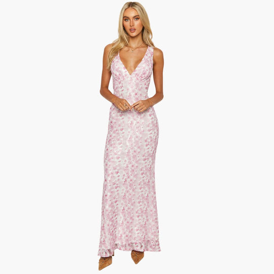 Women’s Maxi Dress with Lace Overlay and Open Back