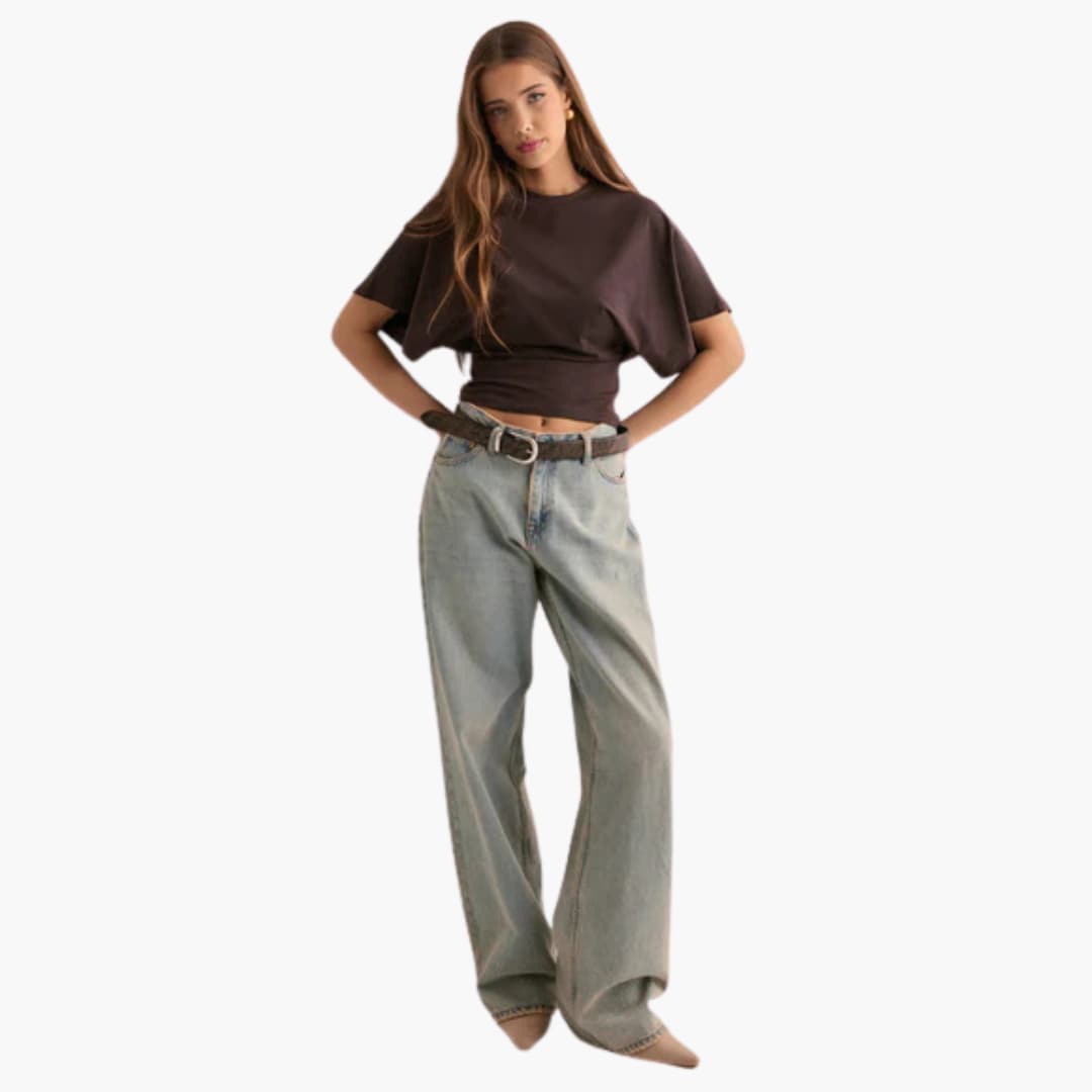 Women's Cropped T-shirt with Round Neckline and Fitted Wais