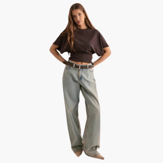 Women's Cropped T-shirt with Round Neckline and Fitted Wais