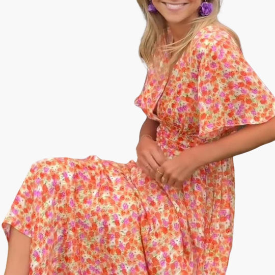 Women's Maxi Dress with Gathered Waist and Floral Print