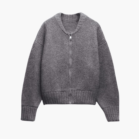 Women's Cropped Chunky Knit Cardigan with Long Sleeves and Zip-Up Front