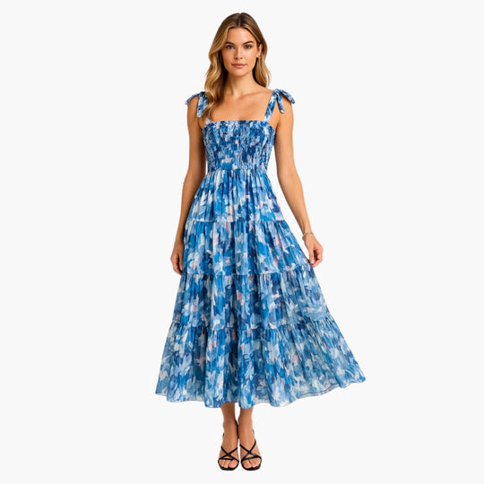 Women's Maxi Dress with Shirred Bodice and Tie Straps