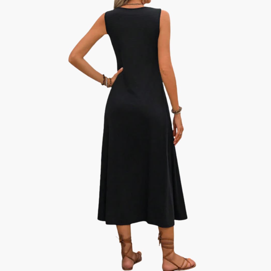 Women's Midi Dress with Keyhole Neck and Sleeveless Design