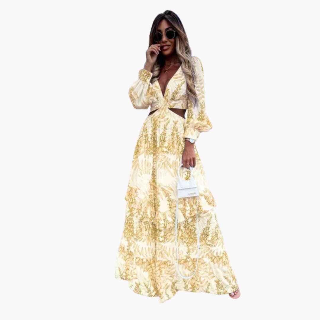 Women's Long Dress with Fitted Waist and Cut-Out Detail