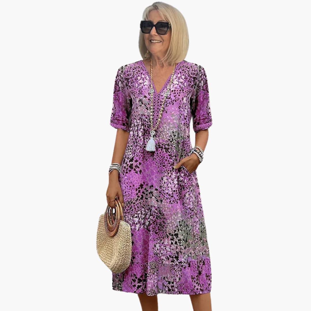 Women's Midi Dress with Short Sleeves and V-Neck in Floral Pattern