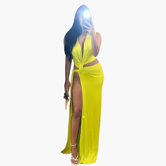 Women's High-Slit Maxi Dress with V-Neck and Cut-Out Detail