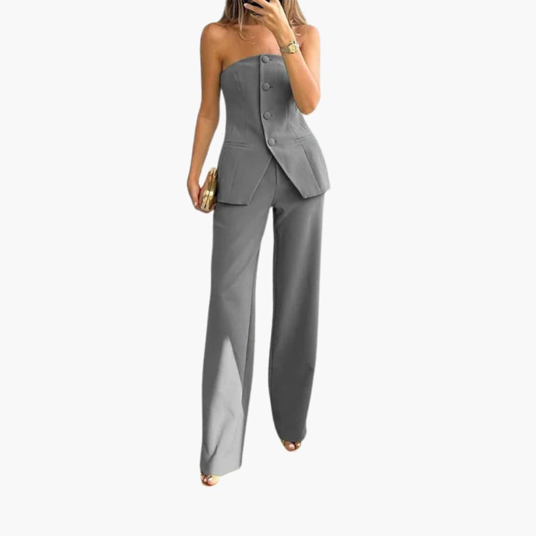 Women's Strapless Two-Piece Co-Ord Set with Strapless Top and Wide-Leg Trousers
