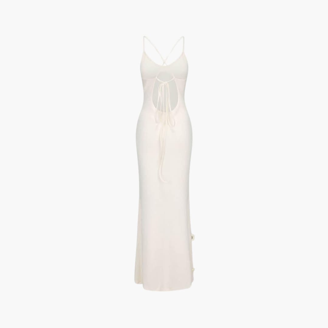 Women’s Strappy Maxi Dress with Low Neckline and Long Skirt