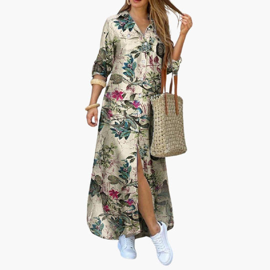 Women's Loose Fit Midi Dress with Floral Print and Button-Down Style