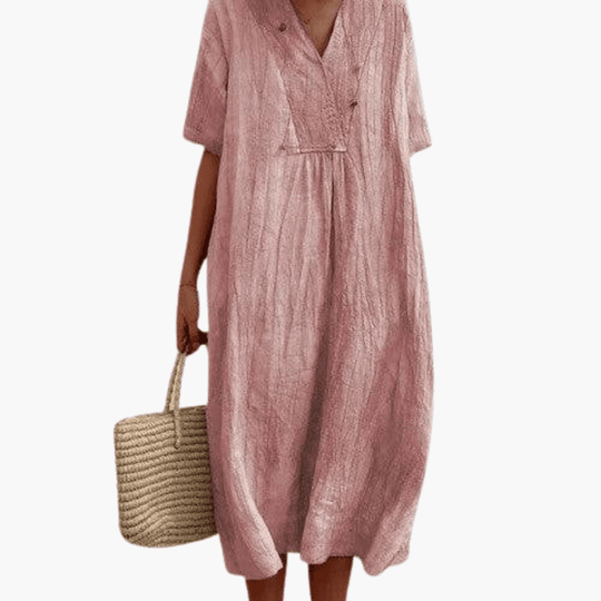 Women's Midi Dress with Short Sleeves and V-Neck