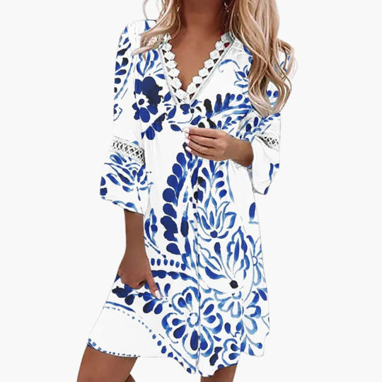 Women's Boho Dress with V-Neck and Lace Trim