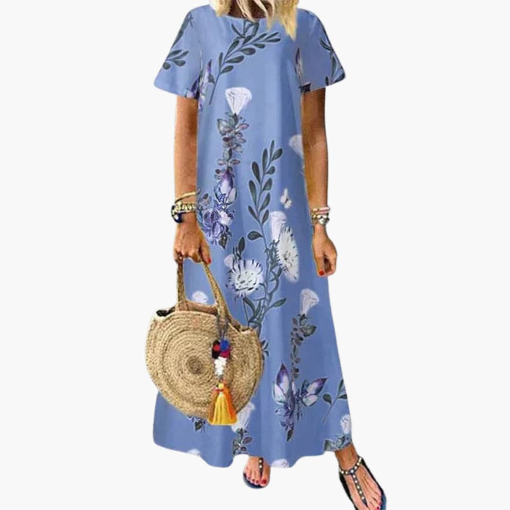 Women's Maxi Dress with Round Neck and Short Sleeves