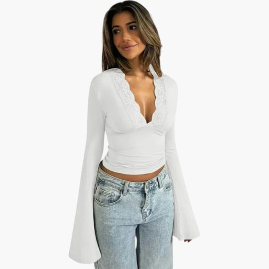 Women's Lace Flare Top with V-Neckline and Semi-Cropped Hem