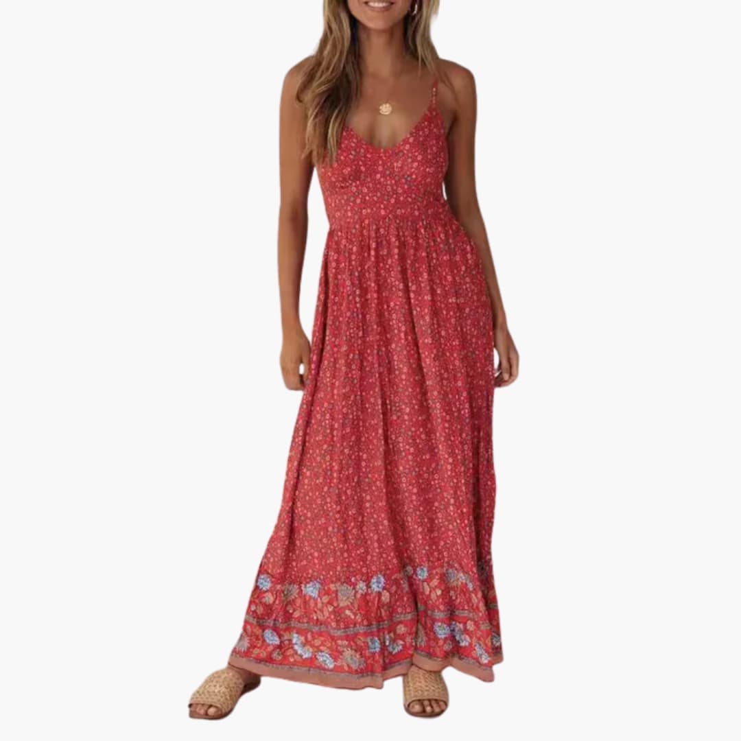 Women's Maxi Dress with Boho Floral Print and Thin Straps