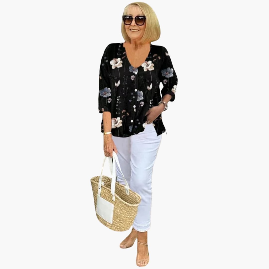 Women's Blouse with V-Neck and Three-Quarter Sleeves