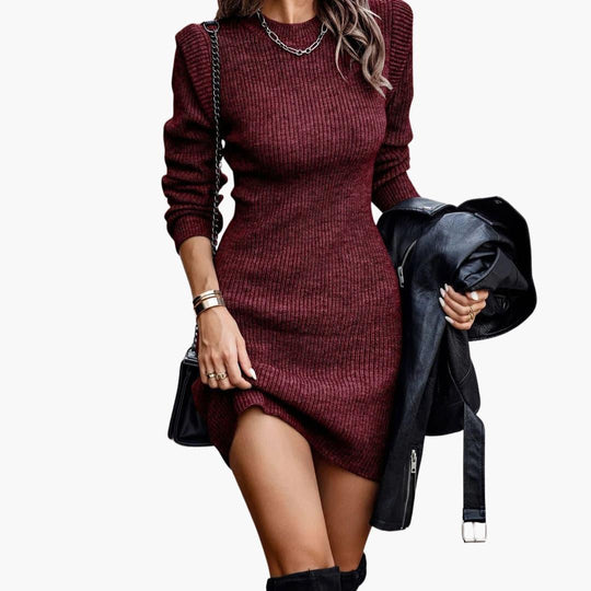 Women's Knitted Bodycon Dress with Long Sleeves and Round Neckline