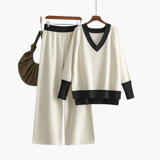 Women's Sweater Set with V-Neck Design and Wide-Leg Trousers