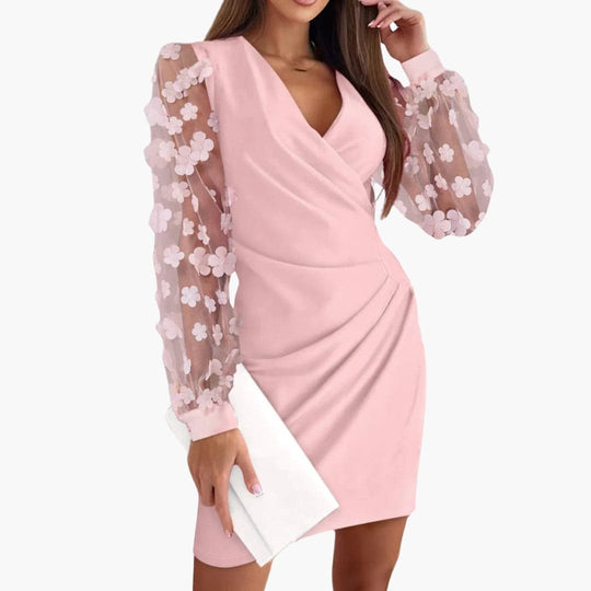 Women's Mini Wrap Dress with V-Neckline and Mesh Sleeves