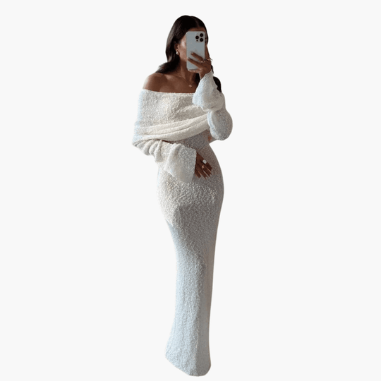 Women's Off-Shoulder White Maxi Dress with Long Sleeves