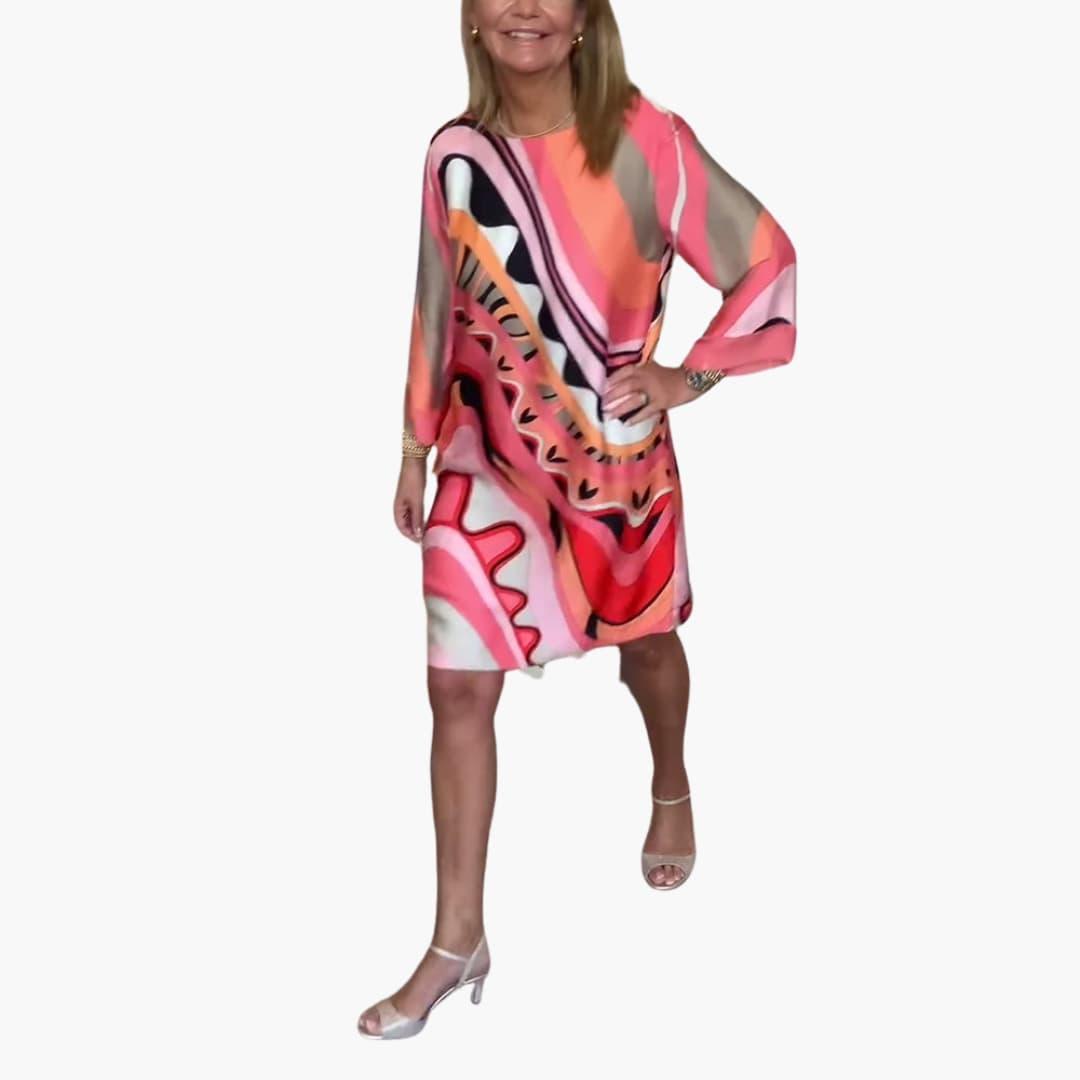 Women's Printed Midi Dress with Bell Sleeves and V-Neck