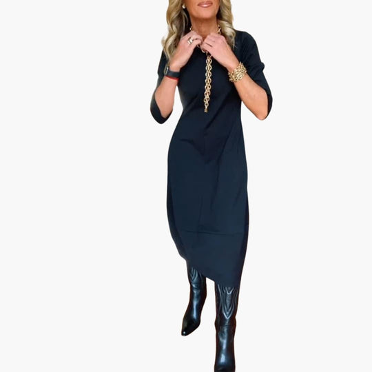 Women's Round Neck Dress with Long Sleeves and Side Pockets