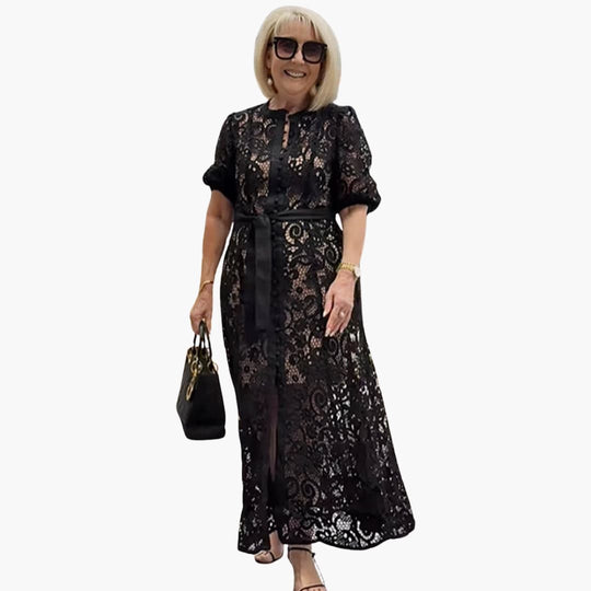 Women's Maxi Dress with Keyhole Neck and Lace Overlay