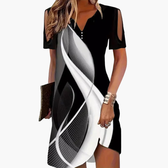 Women's Midi Dress with V-Neck and Shoulder Cut-Outs