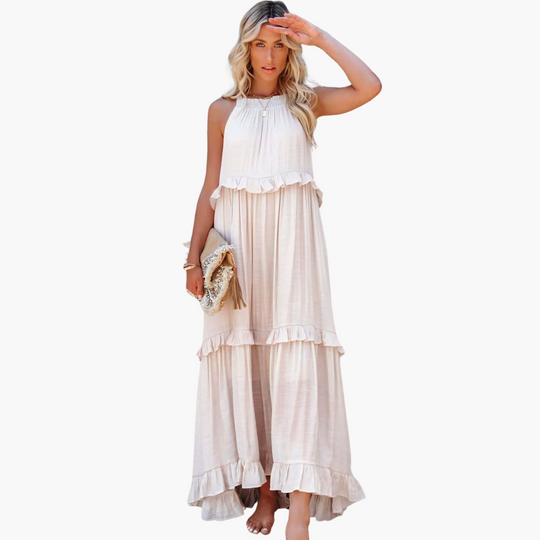 Women’s Maxi Dress with Cascading Ruffle Tiers and Adjustable Straps