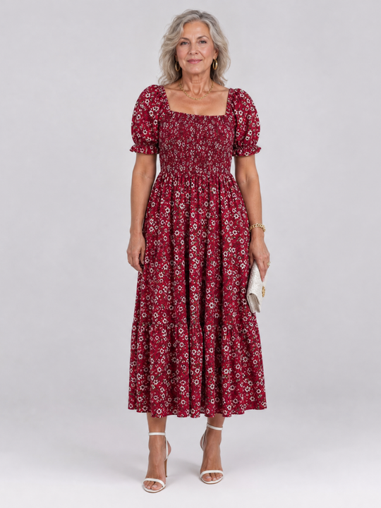 Louse | Floral Smocked Square Neck Midi Dress