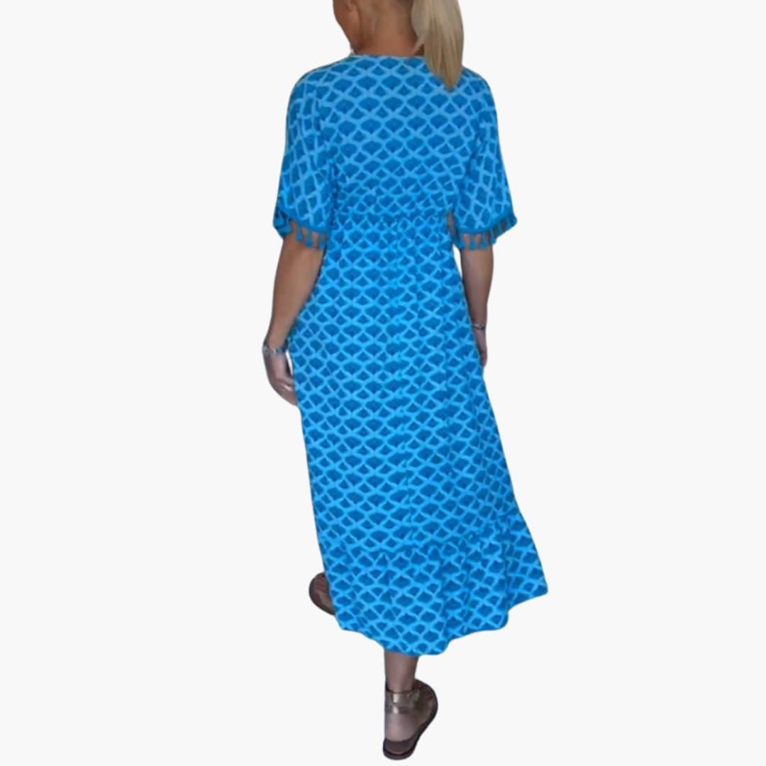 Women's Floral Print Midi Dress with Short Sleeves and V-neck