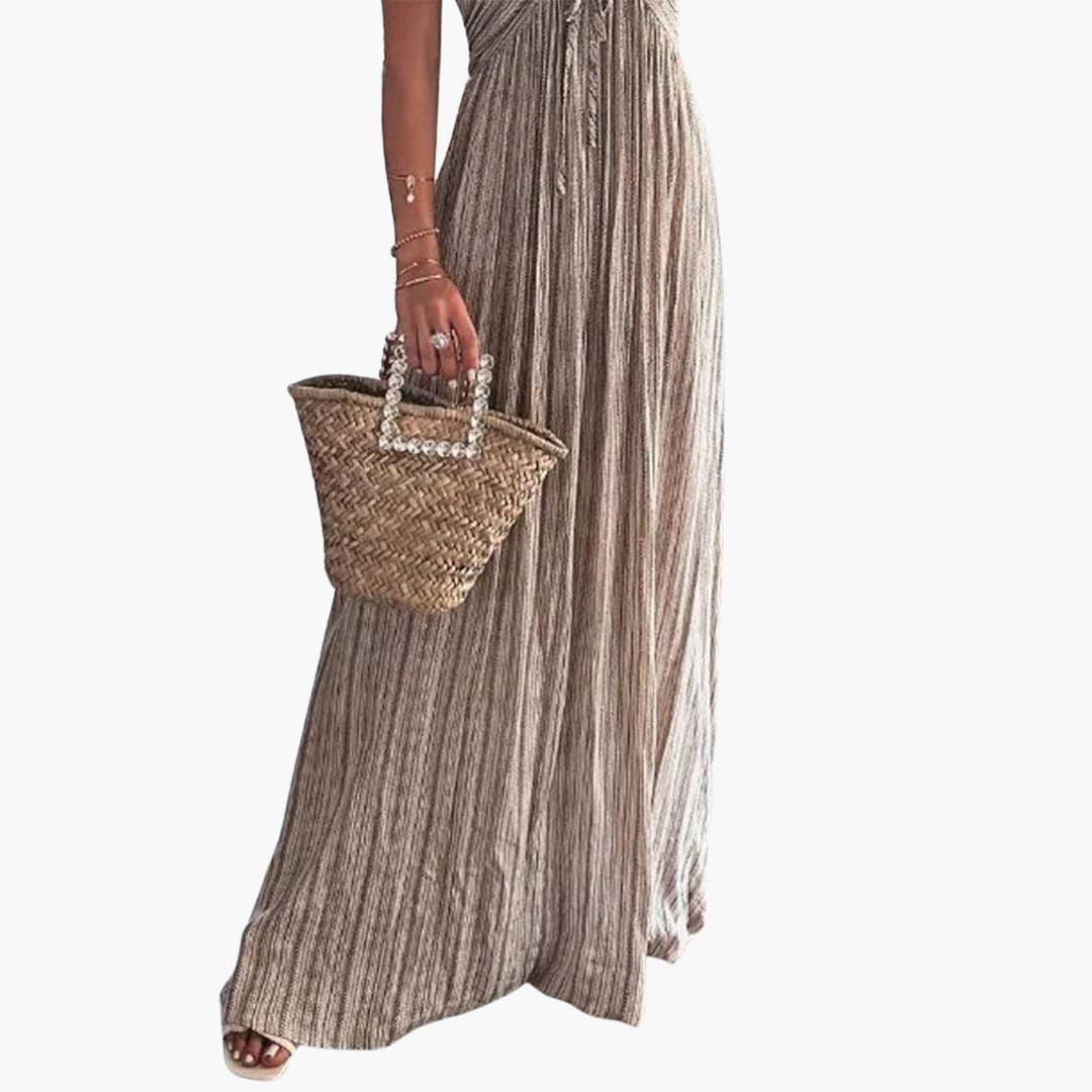 Women's Sleeveless Summer Midi Dress with Tie-Front Detail and A-Line Shape
