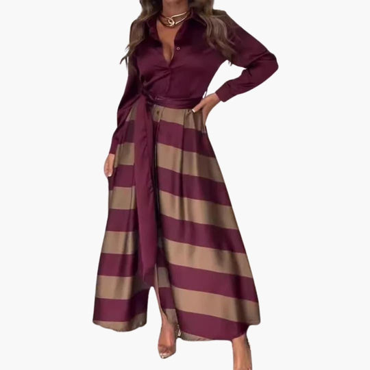 Women's Satin Maxi Dress with Long Sleeves and Waist Tie