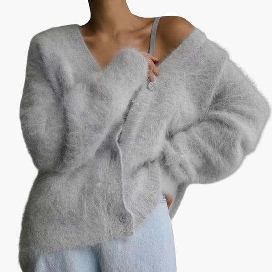 Women's Sweater with V-Neck and Button-Up Front