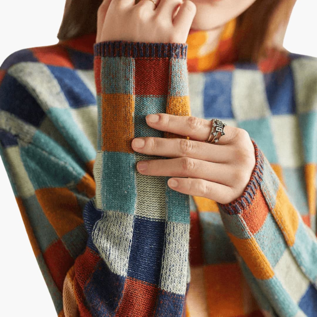 Women's Patchwork Turtleneck Jumper with Long Sleeves and Ribbed Cuffs