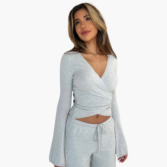 Women’s two-piece set with wrap top and trousers