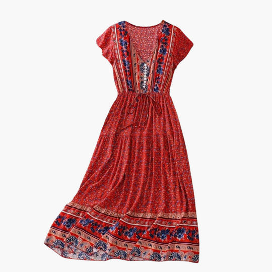 Women's Maxi Dress with V-neckline and Drawstring Waist