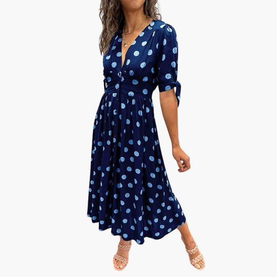 Women's Midi Dress with V-Neck and Belted Waist