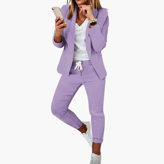 Women's Blazer Set with Open Front and Drawstring Trousers